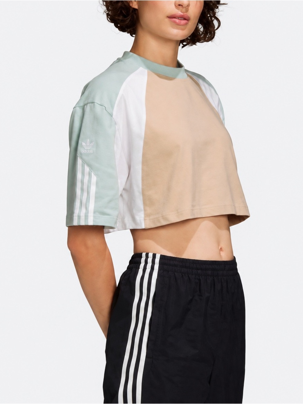 Adidas Originals Crop Top Shirt Womens Size M Colorblock Peach Sage Green Stripe